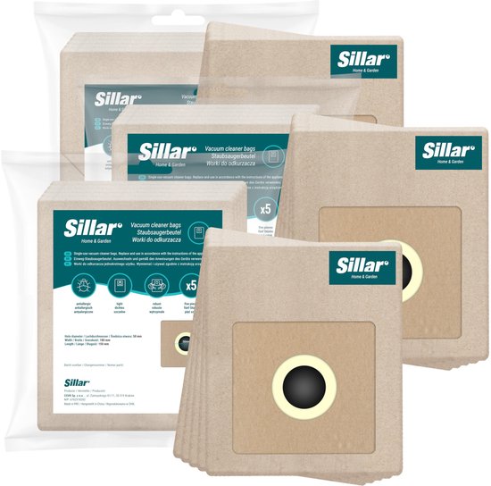 Sillar stofzuigerzakken - papier - met afdichting - biologisch afbreekbaar - vervanging voor traditionele stofzuigers - Zelmer, Amica, Beko, Hoover, Philips, MPM - 18 x 15 cm - 15 stuks