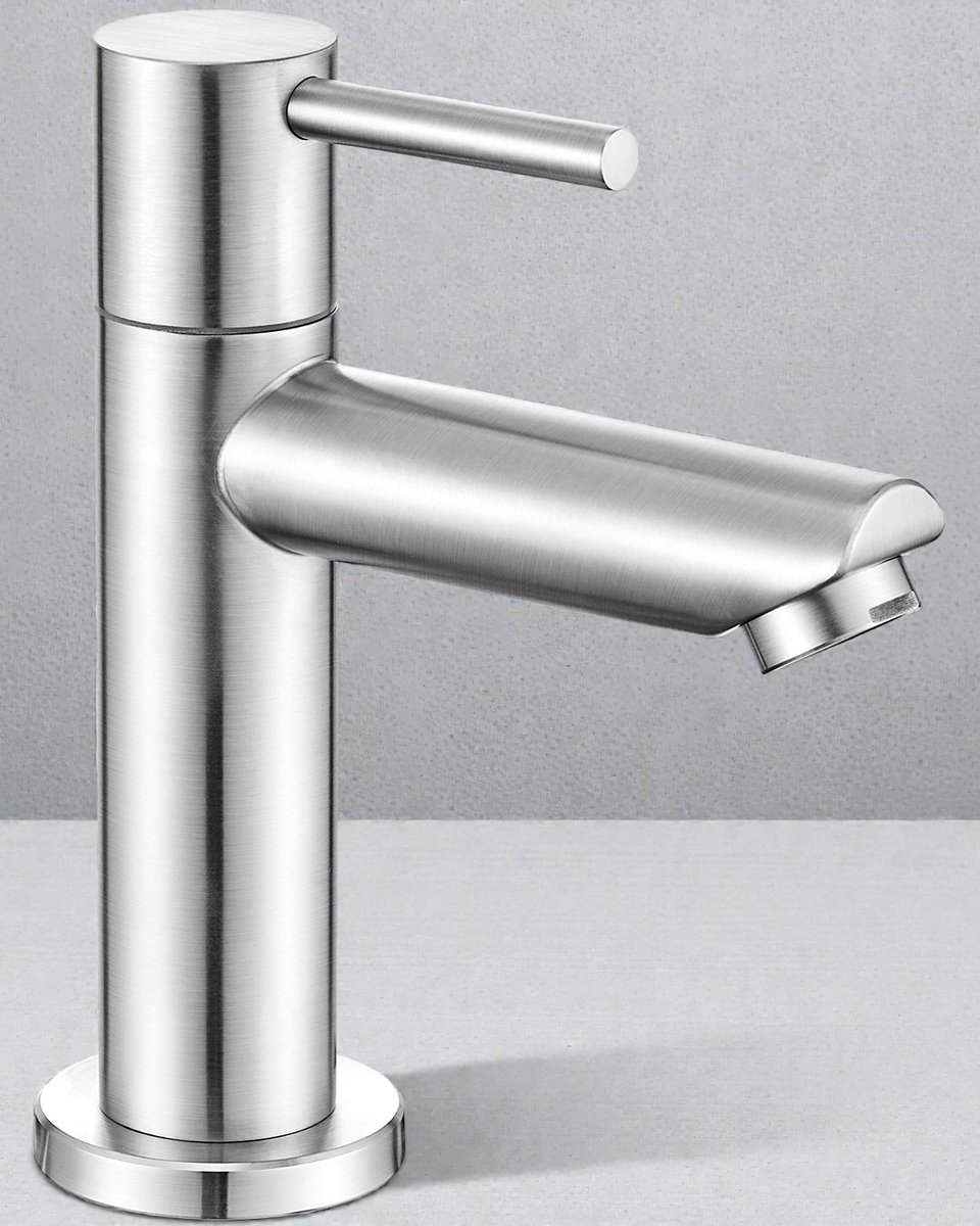 CECIPA Max Badkamerkraan Koudwaterkraan - Wastafelkraan Koud Water - Koudwaterkraan - RVS - Waterbesparend - Wastafelkraan - inclusief aansluitingen - Zilver
