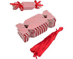 Kerst Snoep Dozen - 50 stuks - Uitdeelzakjes - Rood Wit Gestreept - Snoepzakjes - Met Rode Strik - Feestzakjes - Traktatie - Kado - Party Gift - Present Dozen - Voor Kerst, Feestdagen & Verjaardagen - 8 x 4 x 4 cm