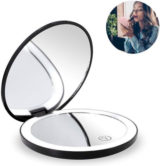 Gigicial Oplaadbare LED-Compacte Spiegel - Aanpasbare Helderheid - Vergrotende Spiegel Met Zacht Ringlicht Voor Make-Up - 1 - Reizen En Dagelijks Gebruik + Zwart