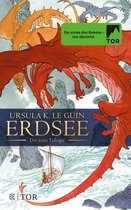 Boekomslag van "Erdsee" met rode en oranje draken, een bootje en de tekst "Die ersten drei Romane - neu übersetzt".