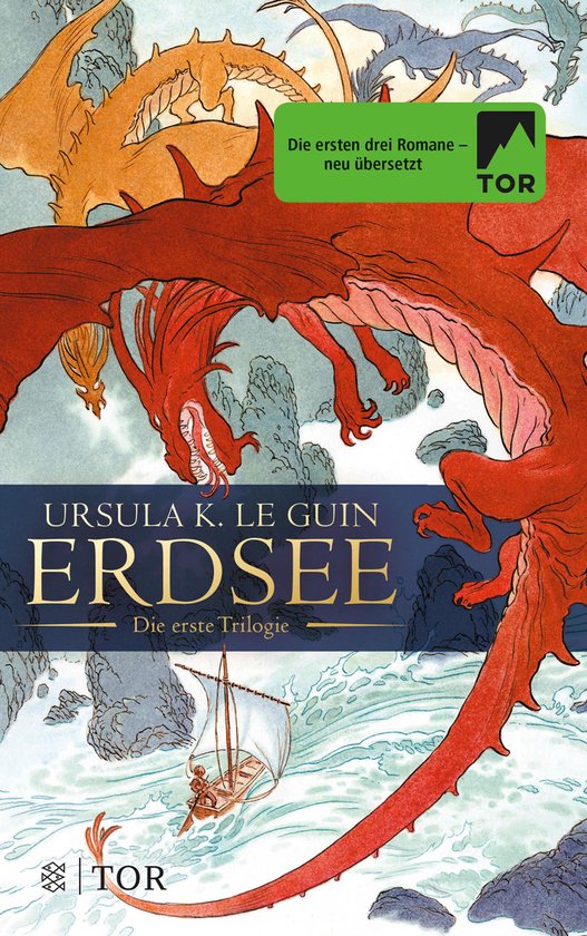 Boekomslag van "Erdsee" met rode en oranje draken, een bootje en de tekst "Die ersten drei Romane - neu übersetzt".