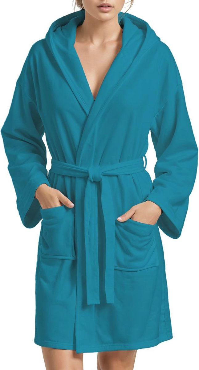 Comfortabele Microvezel Badjas voor Heren en Dames - Uniseks met zakken en capuchon - Blauwgroen, Maat L