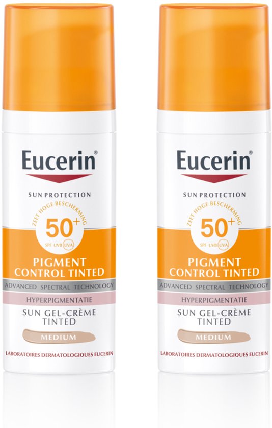 Twee flacons Eucerin Sun Pigment Control Tinted SPF 50+. Medium tint.