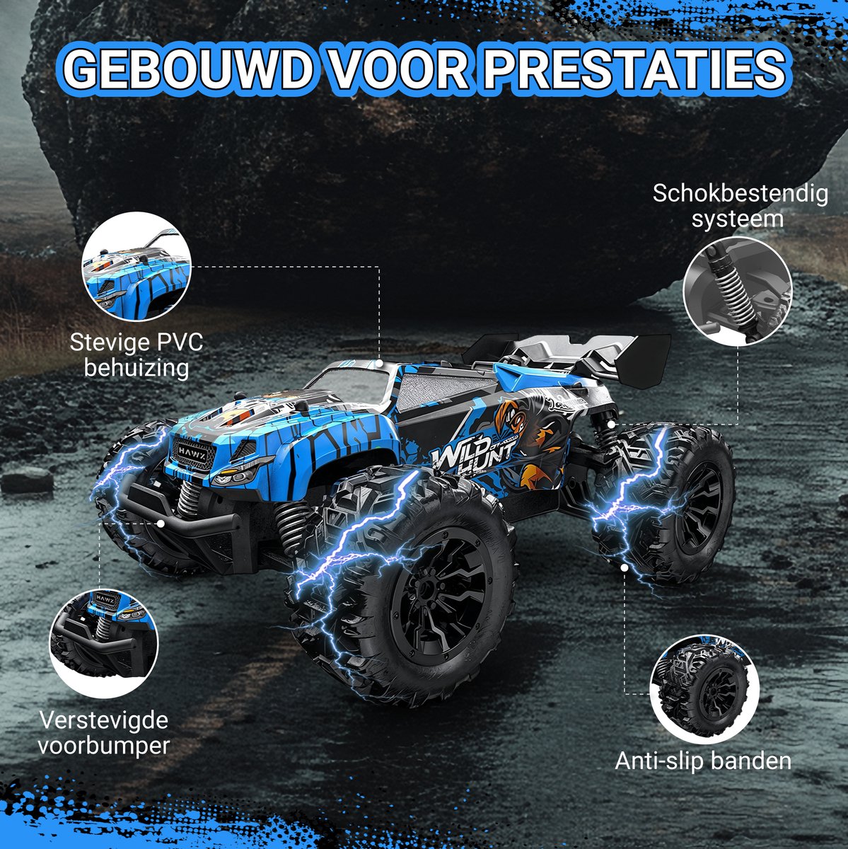 HAWX R70 Bestuurbare Auto - RC Auto - Race Auto - Monstertruck - Afstandsbestuurbare Auto - Volwassenen en Jongens - Voor Buiten - Incl. 3 Batterijen, 8 Verkeerskegels — afbeelding 4