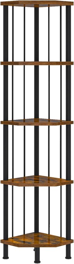 Étagère, bibliothèque, étagère sur pied, étagère d'angle à 5 niveaux, support à plantes ouvert, forme losange, idéale pour les petits espaces, salon, bureau, chambre, cuisine, marron et noir vintage