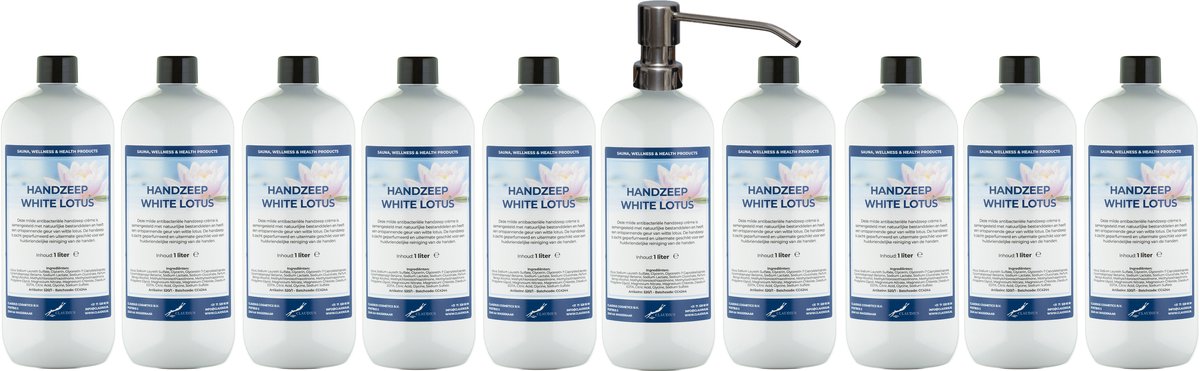 Handzeep White Lotus 1 liter - set van 10 stuks - met gratis RVS zilverkleurige pomp - Voordeelverpakking