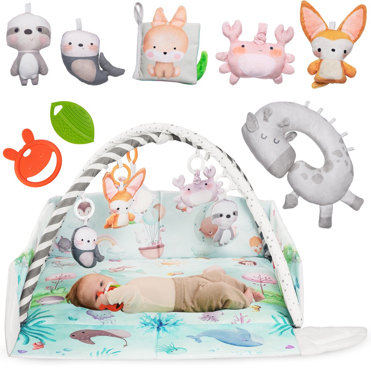 Lionelo Anika Natural Bamboo Baby Gym & Play Mat with Play Arch - 8 Sensory Baby Toys & Tummy Time Cushion - from 0 Months - Raised Edge - Montessori Baby Shower Gift - Interactive & Educational Play Mat - Activity Cushion