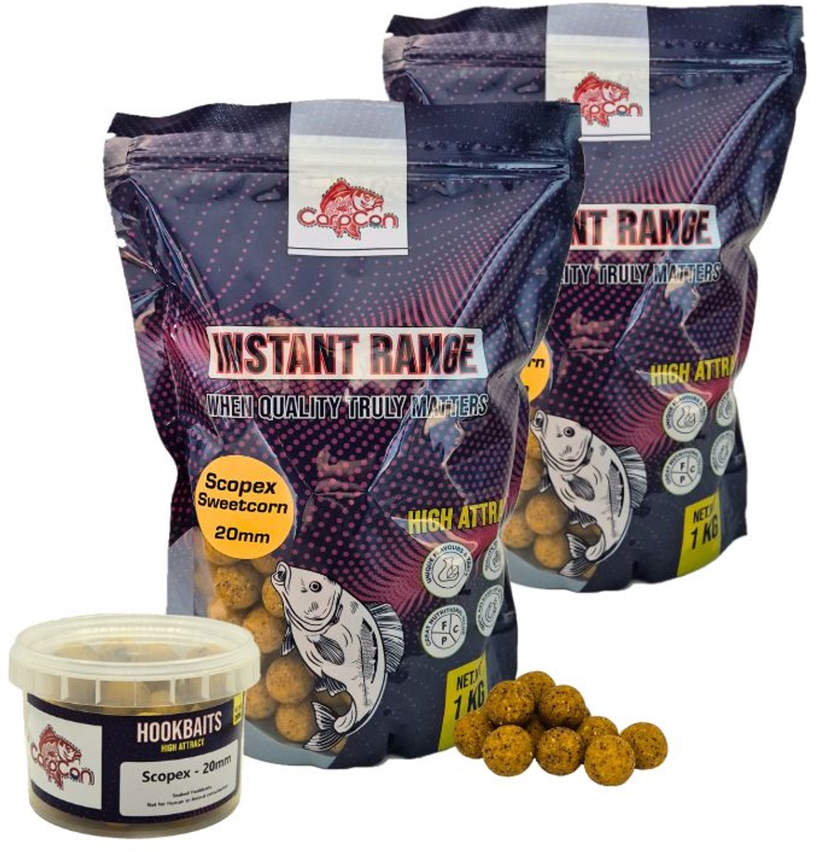 Boilie Session Pack 'Scopex Sweetcorn' - 2x 1kg Instant Range Boilies (15mm & 20mm) + 20mm High Attract Hookbaits - Karper Aas - Boilies