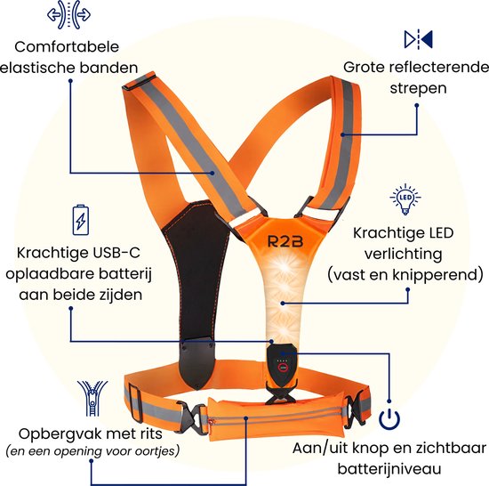 Gedetailleerd oranje hardloopvest met reflecterende strepen, verstelbare banden en USB-C oplaadbare LED-verlichting.