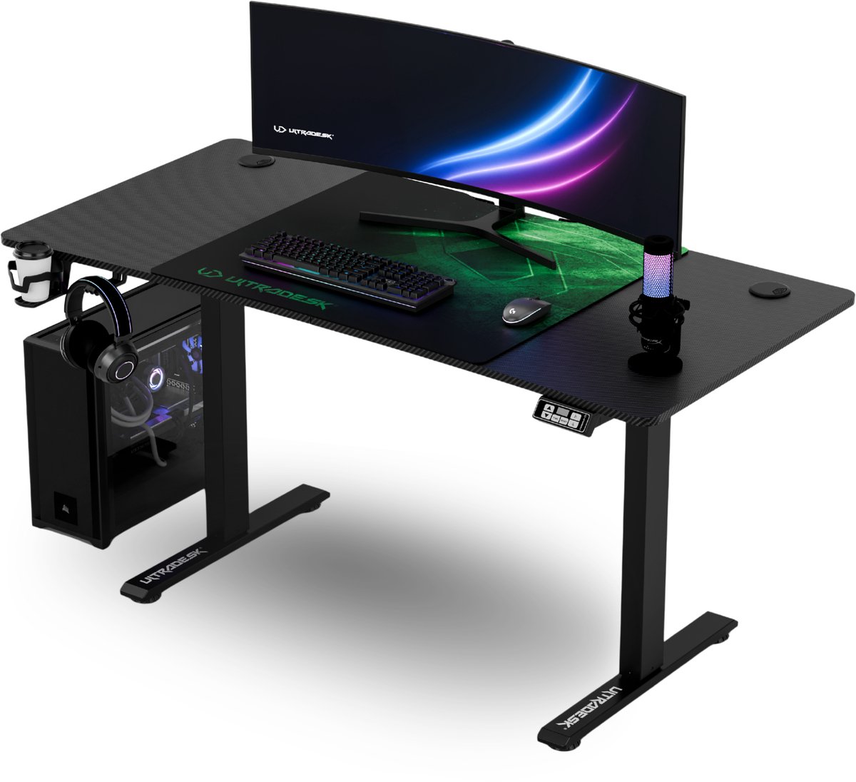 Ultradesk LEVEL V2 – Bureau voor Gaming, Home Office & Kantoor 140 x 68 cm – Groen – Elektrisch verstelbaar – Incl. XL Muismat & Accessoires