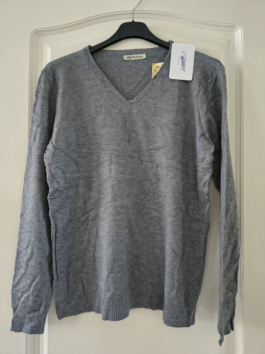 Dames warme trui Alida-V-hals-fijngebreid-effen grijs-lange mouwen-maat XL/XXL