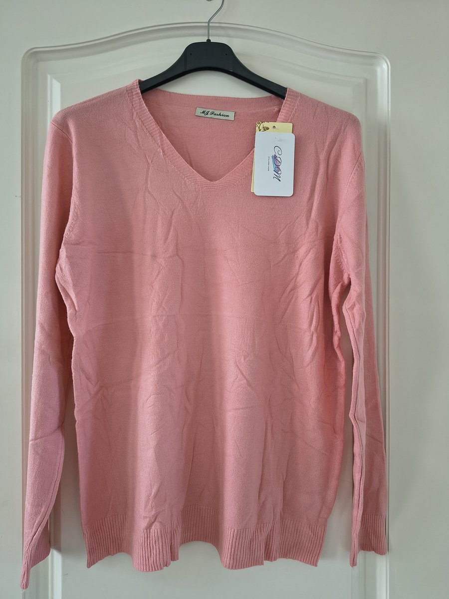 Dames warme trui Alida-V-hals-fijngebreid-effen roze-lange mouwen-maat M/L