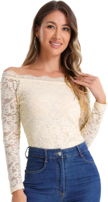 Eamber - Chemisier à épaules dénudées et manches longues, dentelle, motif floral, transparent, haut élégant pour femme en beige XS.