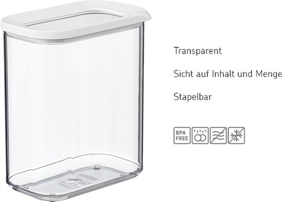 Une boîte de conservation Modula Mepal vide avec un couvercle blanc, présentée avec des icônes pour sans BPA et empilable.