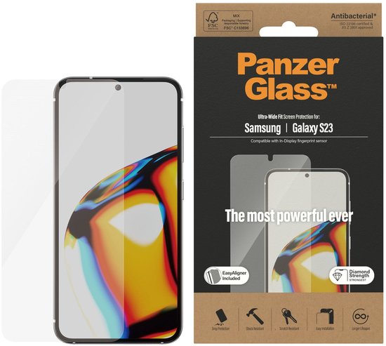 Verpakking met PanzerGlass Ultra-Wide Fit Screenprotector voor Samsung Galaxy S23 met installatieframe.