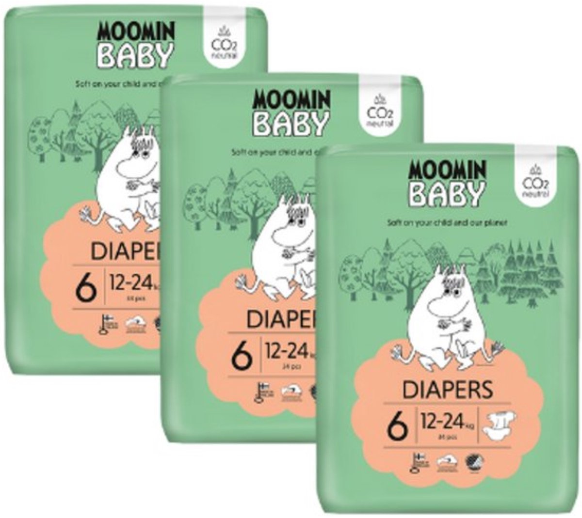 Moomin Baby Eco Wegwerpluiers - 102 stuks - Maat 6 - 12 t/m 24 kg - Absorptie - Anti-allergisch - Pasvorm