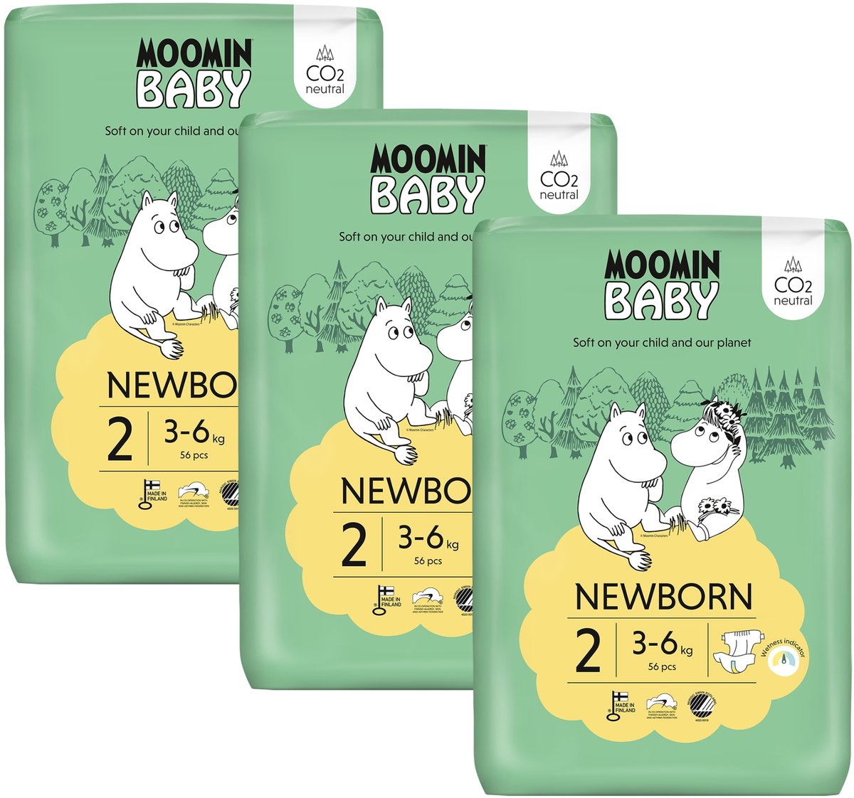 Moomin Baby Eco Wegwerpluiers - 168 stuks - Maat 2 - 3 t/m 6 kg - Hypoallergeen – Gevoelige Huid – Parfumvrij