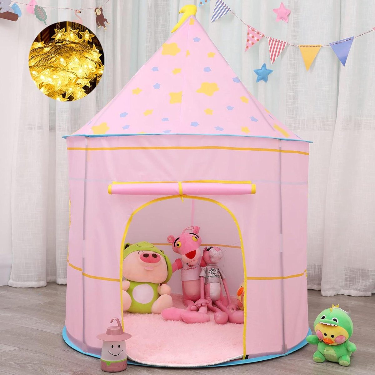 Provento - Kinderspeeltent met sterrenverlichting, pop-up tipi kasteeltent - voor binnen en buiten - roze - cadeau voor kinderen - EN71-gecertificeerd.