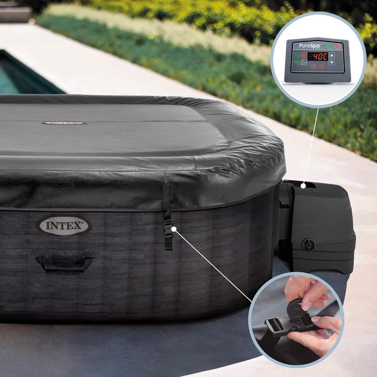 Opblaasbare Spa – Industrial Home Luxe FiberTech Bubble Spa 4-Persoons – 795L – Vierkant – 220V – Slate Grey – Verwarmd Bubbelbad met Sterke PVC Constructie – Inklapbare Buiten & Binnen Jacuzzi