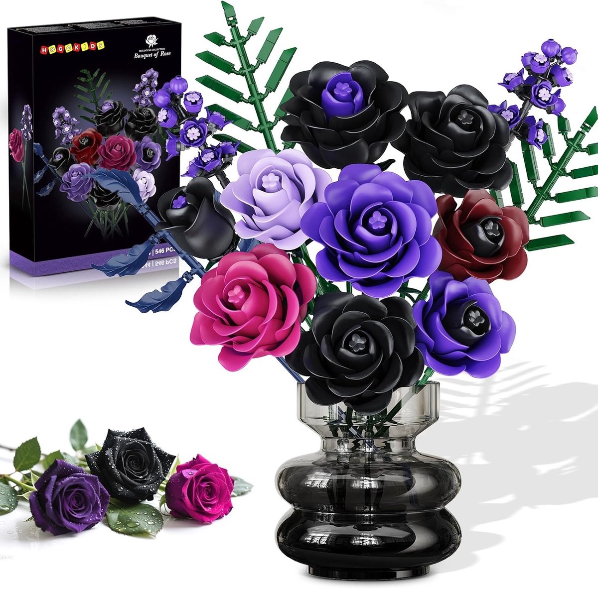 HOGOKIDS Bouwbloemen Boeket Bouwpakke - 14 Paarse Rozen Botanische Collectie - 546 Delen Bloemen Decor - Bouw Spleegoed voor Kinderen Volwassenen