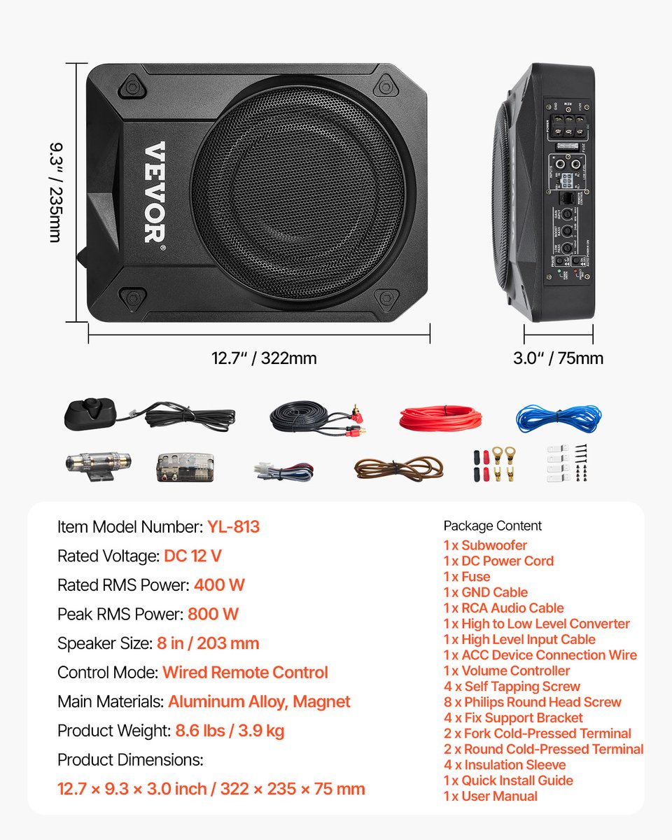 VEVOR Auto-Subwoofer Onder de Stoel 800 W Slank Actief Subwoofersysteem 203mm – foto 7