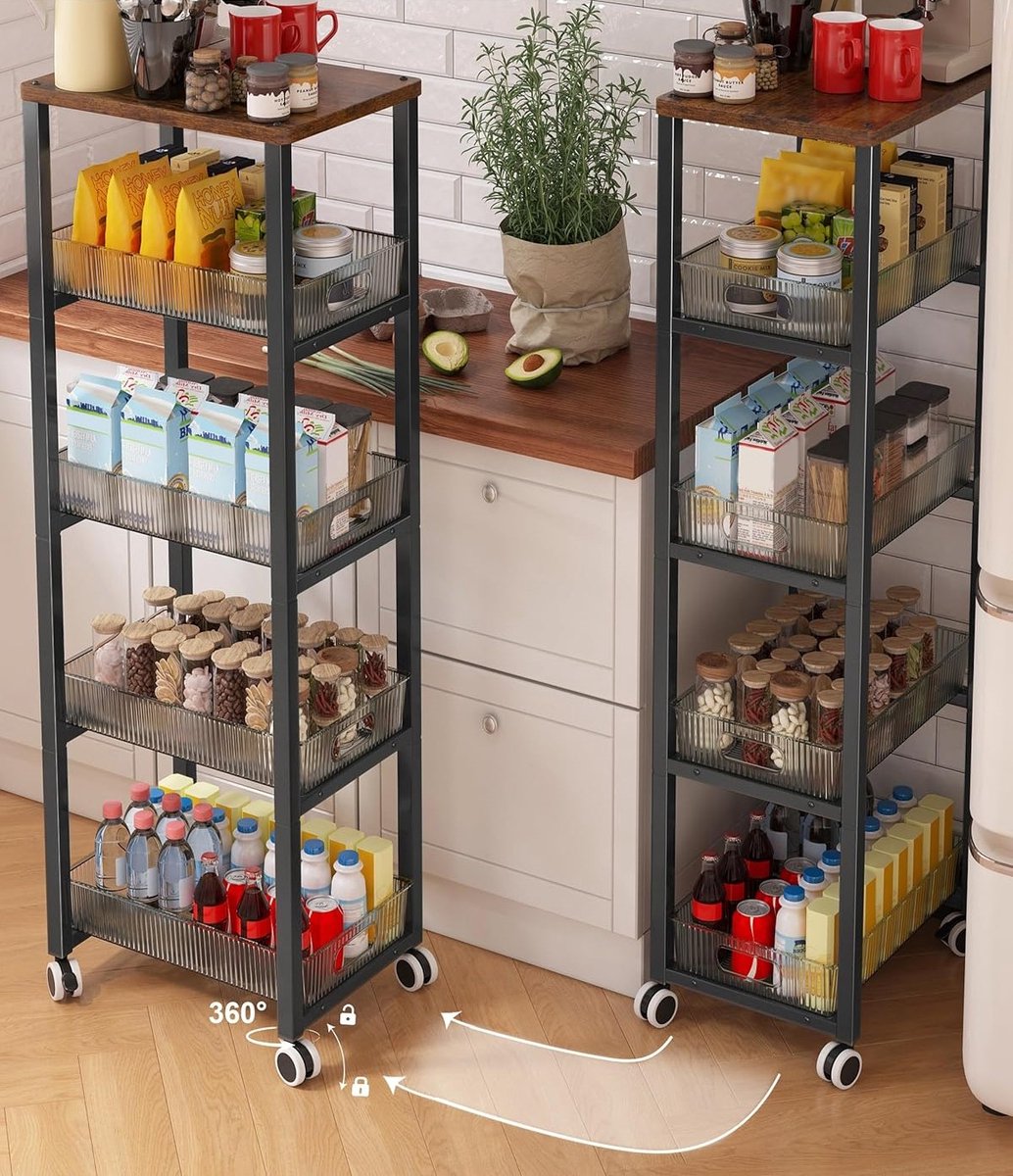 Multifunctionele 5-laags Keukentrolley met Uittrekbare - Zwart - Uittrekbare Mandjes Houten Blad – - Medahomestore