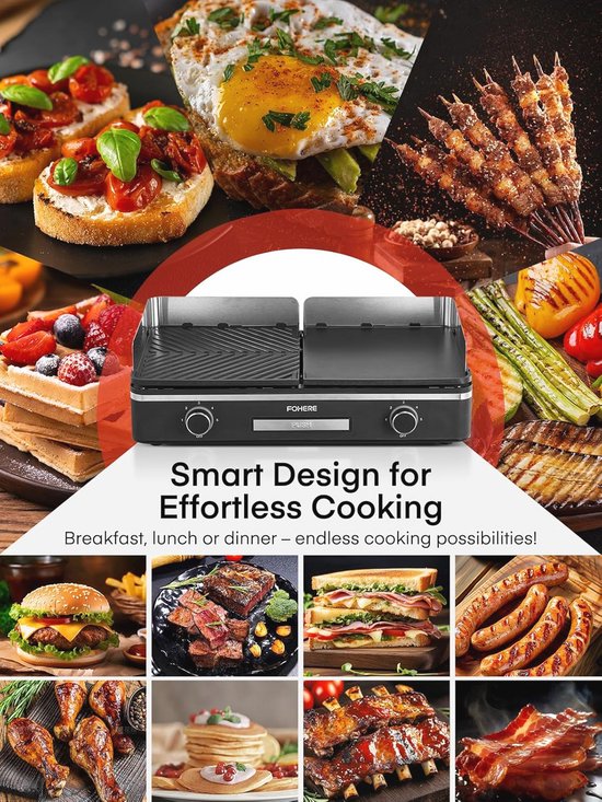 FOHERE Elektrische grill, 2400 W, tafelgrill met 2 gescheiden regelbare grillplaten (glad en geribbeld), duo-grillsysteem, 5-traps temperatuurregeling (zwart FOHERE Elektrische grill, 2400 W, tafelgrill met 2 gescheiden regelbare grillplaten (glad en geribbeld), duo-grillsysteem, 5-traps temperatuurregeling (zwart