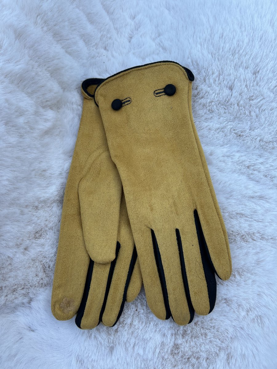 Handschoenen Trendy Dames Mode Herfst Winter Warme Zachte - Geel met zwart, 2 knopjes decoratie - One Size- Cadeau Kerst /Sinterklaas