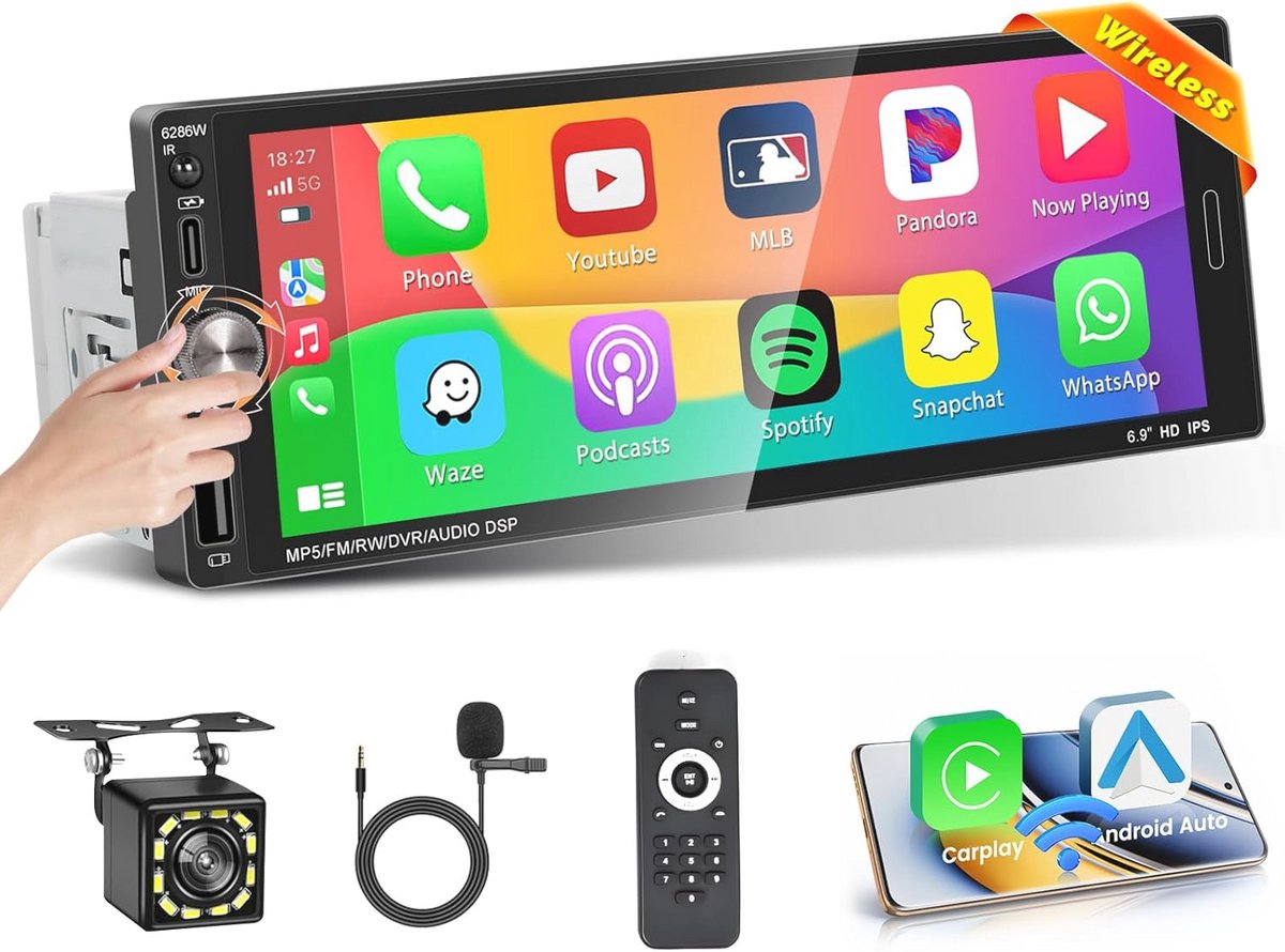 Bluetooth Autoradio 1 Din met Draadloze CarPlay en Android Auto - 6,9 Inch Touchscreen, USB Type-C, Achteruitrijcamera en Afstandsbediening