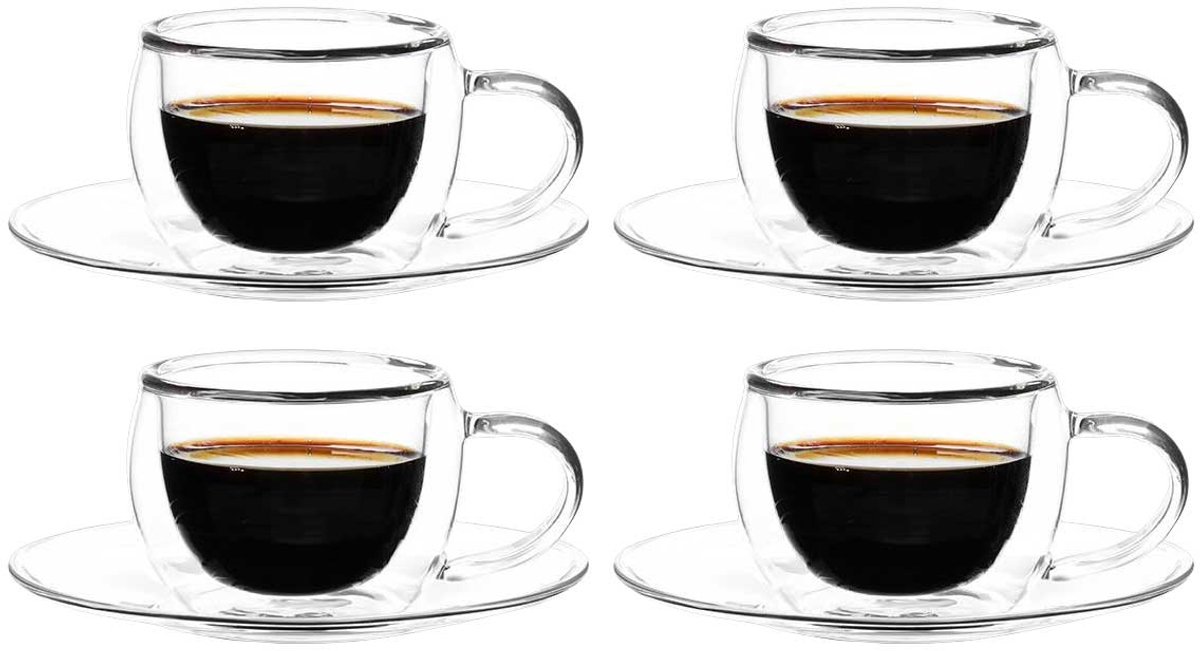 Bricard Dubbelwandige Glazen met Schotel - 80ml - Set van 4 - Espresso Glas - Turkse Koffieglazen en onderzetters