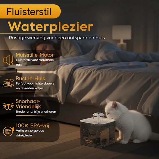 Happy Things - Drinkfontein Hond en Kat - Geruisloos - 2.5 L - Transparant Zwart met Goud - incl 4 Filters