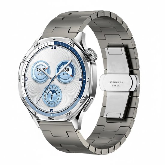 Grijze smartwatch met zilverkleurig roestvrijstalen bandje en wit met blauwe wijzerplaat.