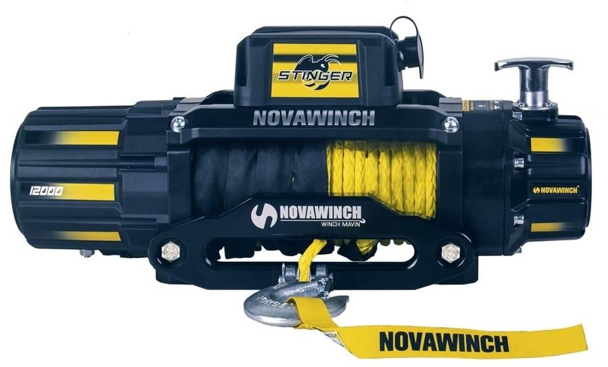 NovaWinch STINGER 12000SR - Elektrische lier 12V - 5400 kg trekkracht - Met 26 mtr. synthetische liertouw met haak + veiligheidsklep- Incl. draadloze radiografische afstandsbediening