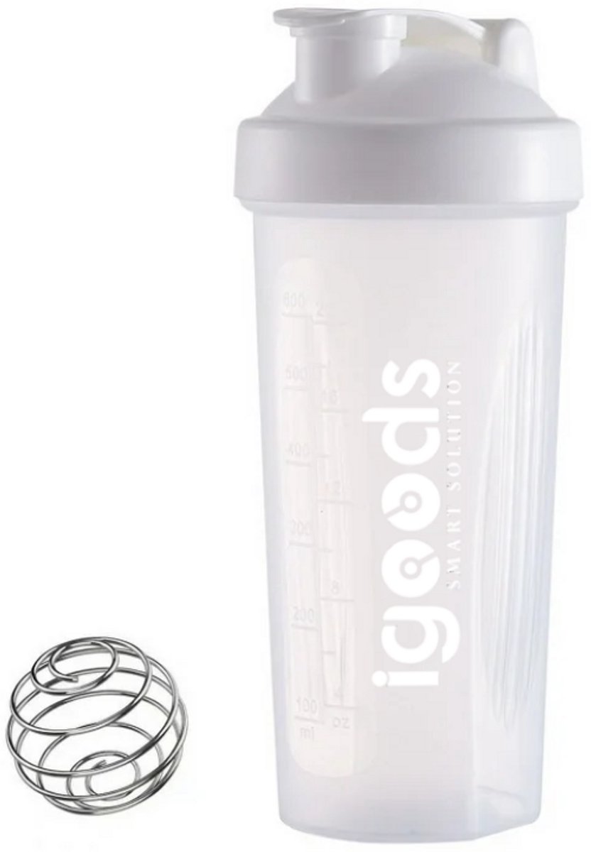 Igoods Shakebeker – Met RVS Mixerbal – BPA-vrij & Lekvrij – Shaker voor Proteïne Shakes, Smoothies & Sportvoeding – Fitness Shake Cup – 600ml – Wit