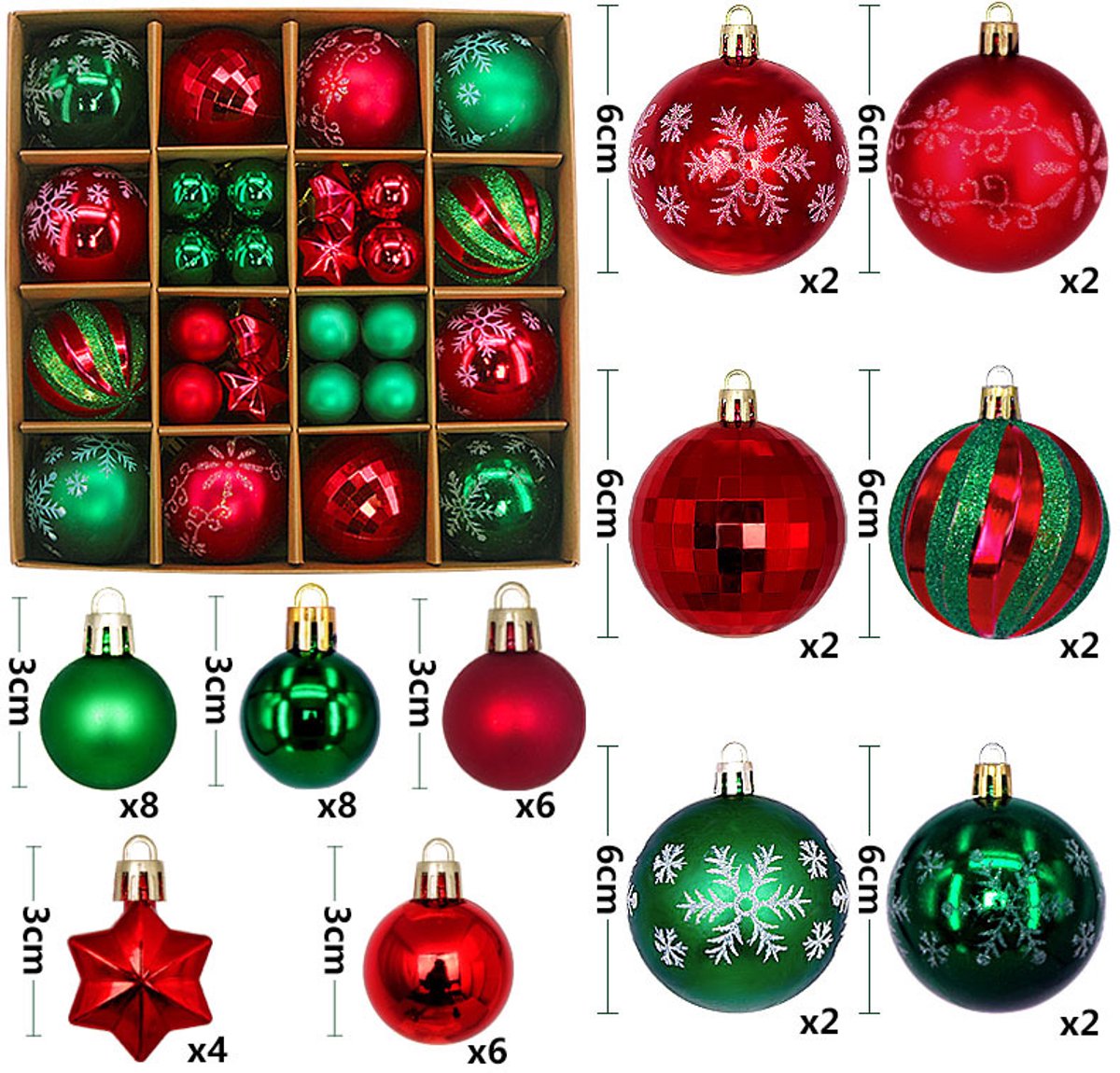 Zandarix Deluxe Kerstballen Ornamenten Set (44 Stuks) – Mix van 3–6 cm PVC in Luxe Geschenkdoos - Rood/Groen