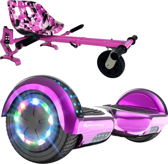 Roze hoverboard met LED-verlichting en een roze hoverkart met camouflageprint zitting.