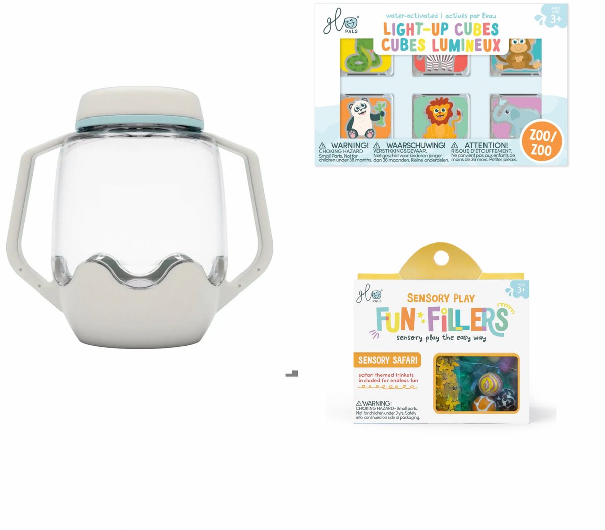 Glo Pals - VOORDEELSET Zoo - Play cup grijs - fun fillers safari - light-up cubes Zoo 6 stuks - badspeelgoed - sensorisch speelgoed