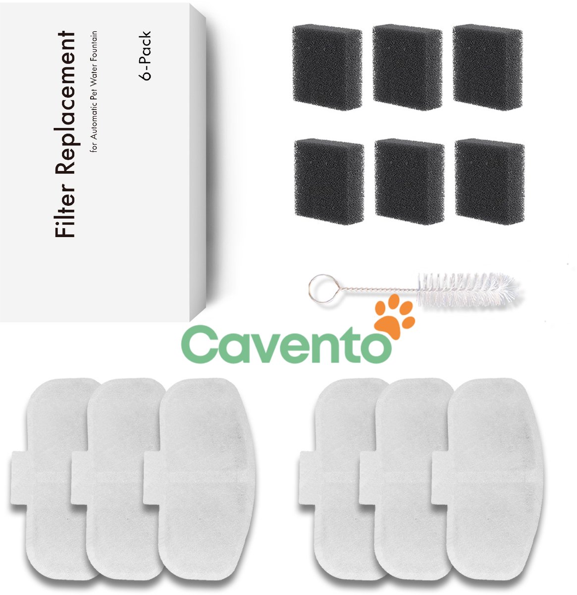 Cavento Vervangingsfilters voor 4L Waterfontein – 6 Koolstoffilters + 6 Foamfilters + Reinigingsborstel – BPA-vrij