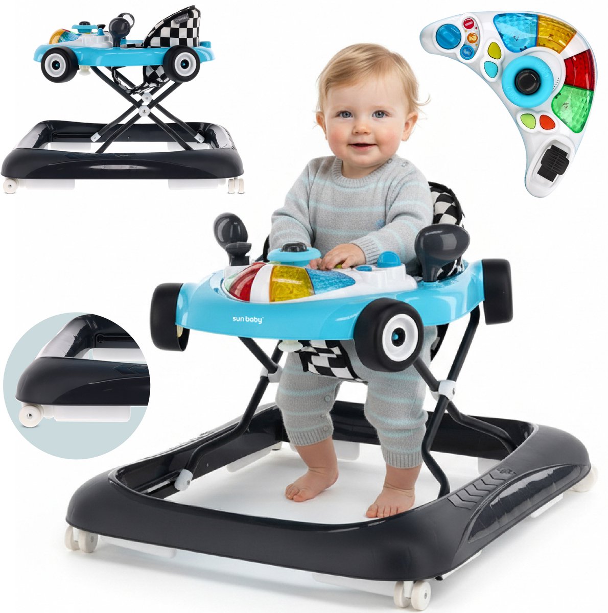sun baby Loopstoel, baby walker vanaf 6 maanden, verstelbare hoogte, rubberen wielen - Turkoois-Zwart
