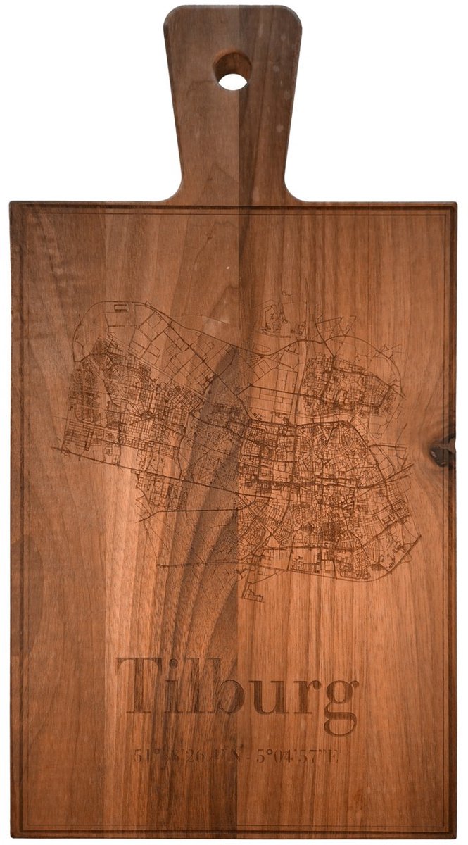 Kaart Tilburg met coördinaten (34,5 cm)- Borrelplanken - Tapasplank - Serveerplank - Hout