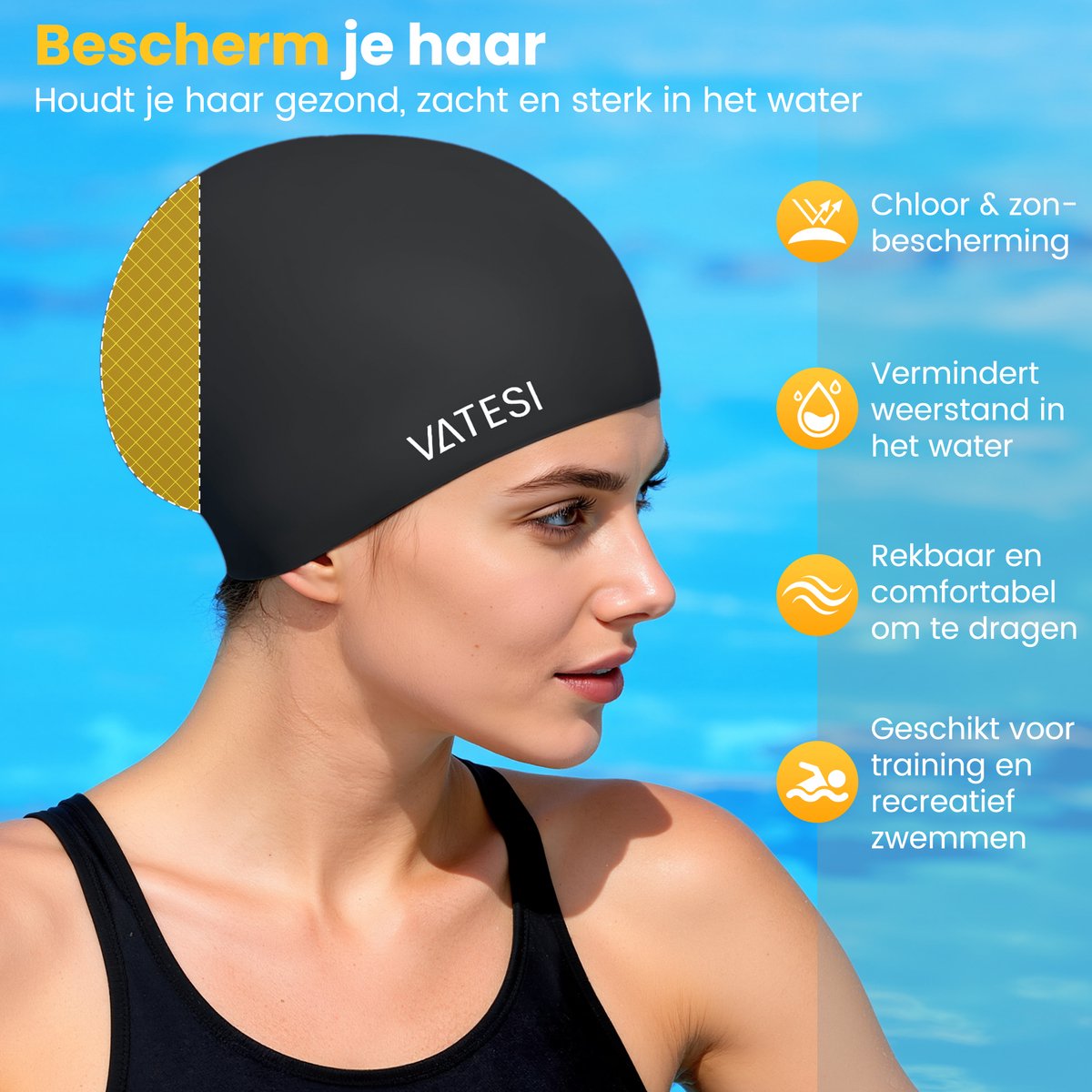Siliconen Badmuts - Waterdicht & Elastisch - Zwemmuts voor Dames en Heren - Unisex - Swimming Cap - Zwart — afbeelding 4