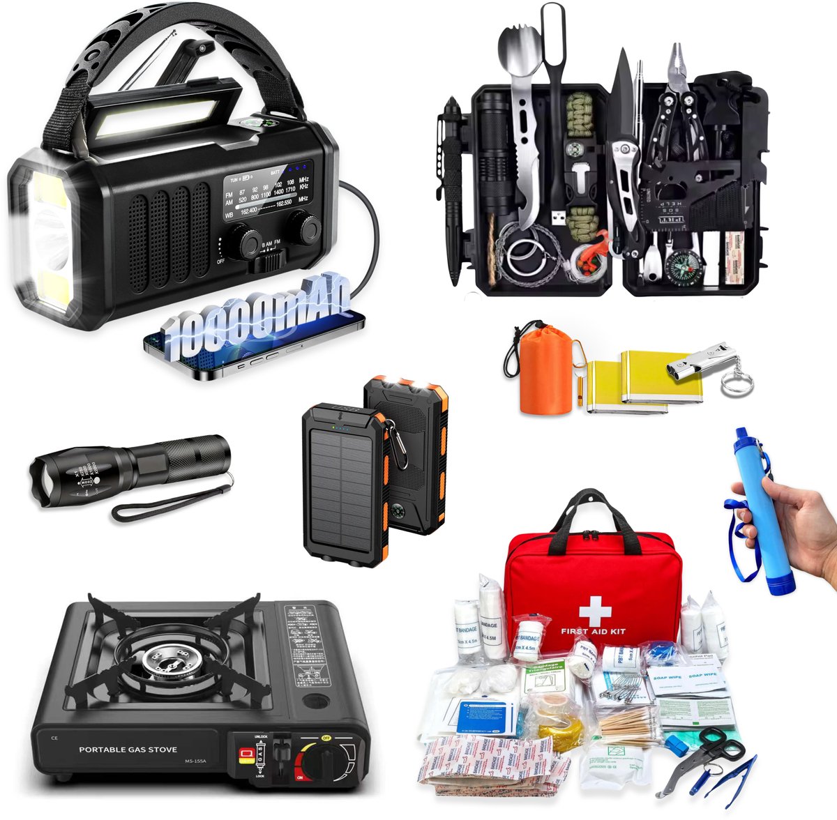 DreamGoods Gasstel Noodpakket - voor thuis & outdoor - Compleet 72+ uur overlevingspakket - Stroomuitval, oorlog & noodsituaties - Solar noodradio, Waterfilter, Survival kit, EHBO set, Gasstel Camping - Gasstelletje Noodpakket - Kamperen & Outdoor