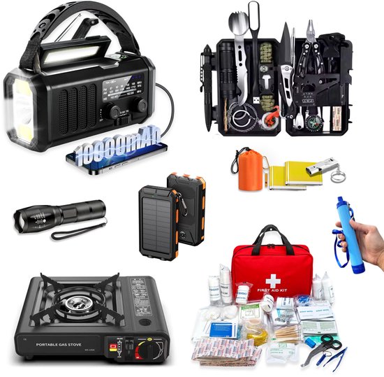 DreamGoods Gasstel Noodpakket - voor thuis & outdoor - Compleet 72+ uur overlevingspakket - Stroomuitval, oorlog & noodsituaties - Solar noodradio, Waterfilter, Survival kit, EHBO set, Gasstel Camping - Gasstelletje Noodpakket - Kamperen & Outdoor