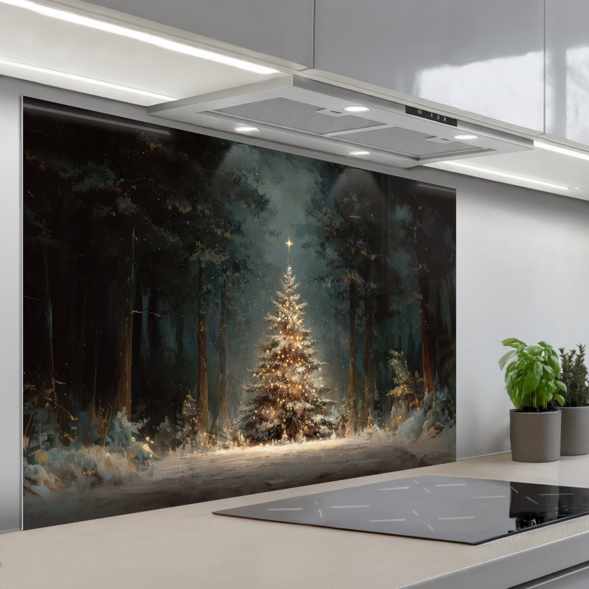 Spatscherm 120x80 cm - Zelfklevende achterwand Kerstboom - Bos - Sneeuw - meerkleurig - Keuken muurbeschermer - Spatwand fornuis