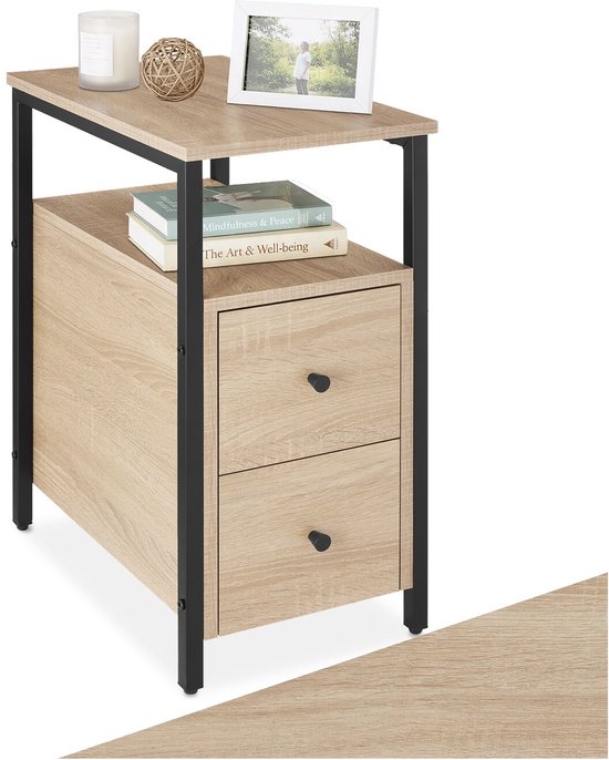 tectake® Bijzettafel met 2 lades en 2 niveaus van hout - Smal nachtkastje in industrieel design - Voor woonkamer, slaapkamer, kantoor, hal - Zwart metalen frame - Afmeting (LxBxH) 30 x 49,5 x 61,5 cm - Lichtbruin