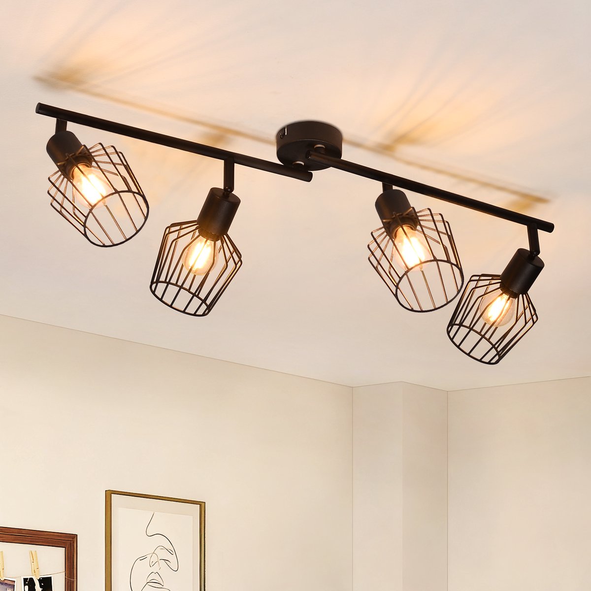 NETTLIFE Opbouwspot - 4-lichts - E14 Fitting - zwart - kooiontwerp Lampkap - Metaal - 350° draaibar Plafondspot - L 75cm - Vintage Keukenlamp - voor Slaapkamer | Hal | Woonkamer - Zonder Lichtborn