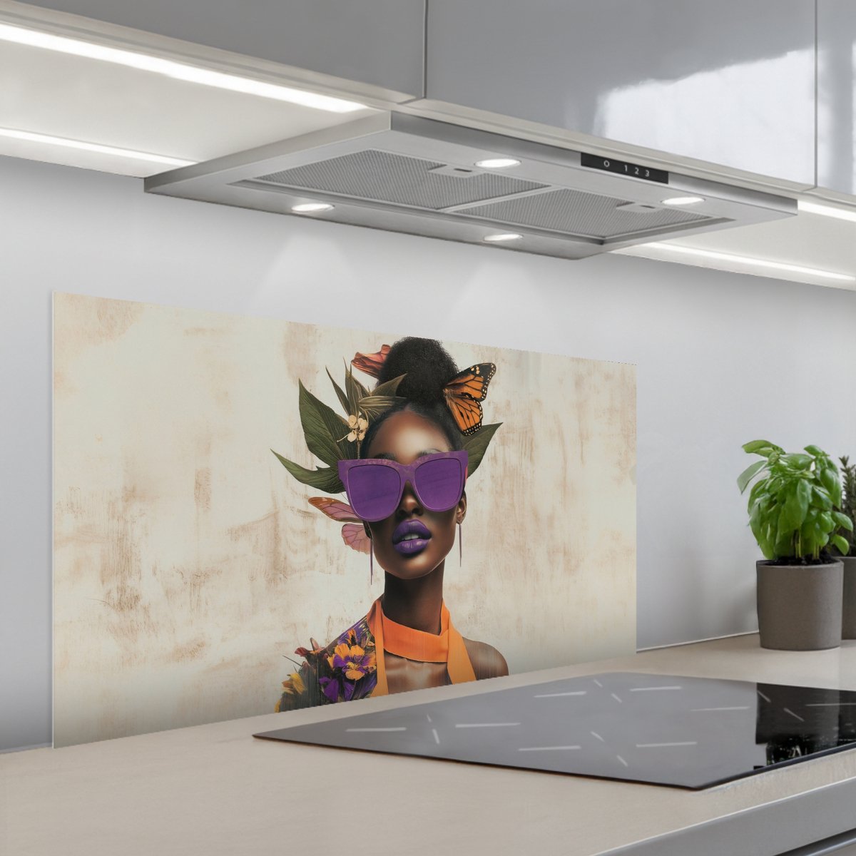 Spatscherm 100x50 cm - Zelfklevende achterwand Vrouw - Zonnebril - Vlinder - Bloemen - Keuken muurbeschermer - Spatwand fornuis