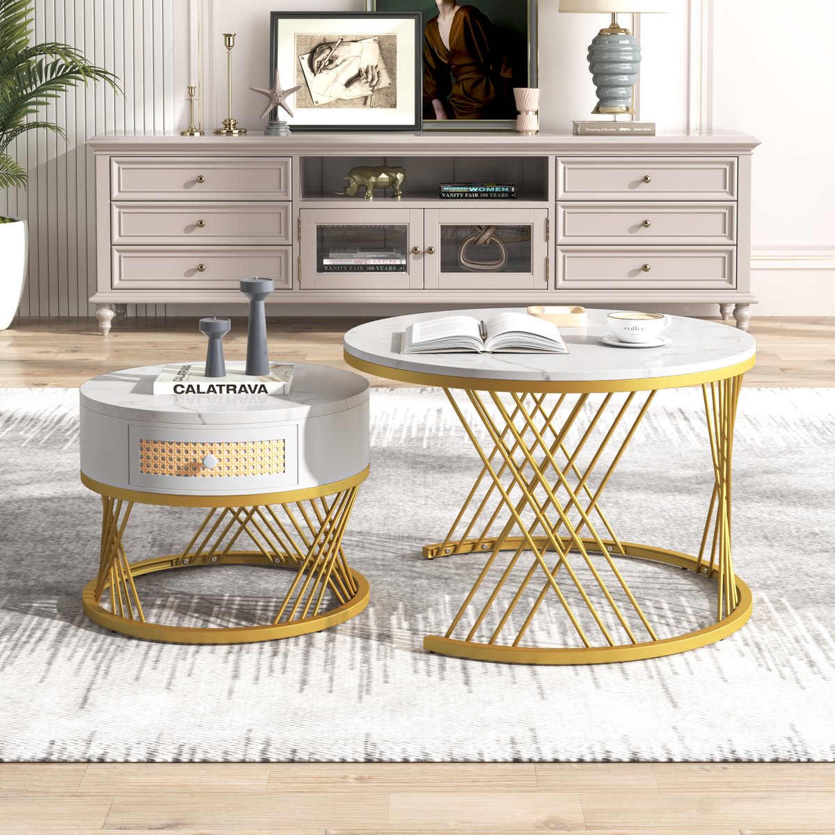 YEHTOKHOME 2-delige Ronde Salontafel met Lade - Wit Marmerlook Tafelblad - Kleine Tafel met Kunststof Rotan Lade - Stijlvolle Bijzettafel - Goud Metalen Frame - 70x70x45,5 cm/50x50x38,5 cm