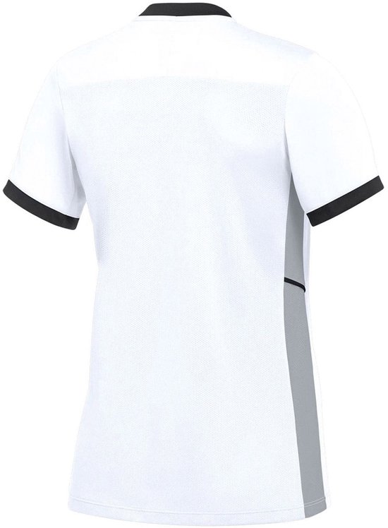 Achterkant wit Nike sportshirt met zwarte kraag en mouwranden, grijs paneel aan de zijkant.